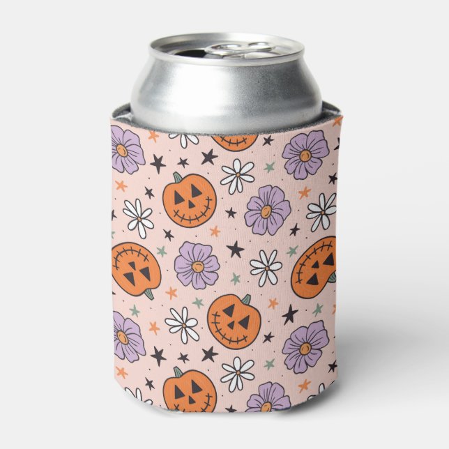 Fun Halloween Pumpkins and Flowers Pattern Can Cooler (Can Front)