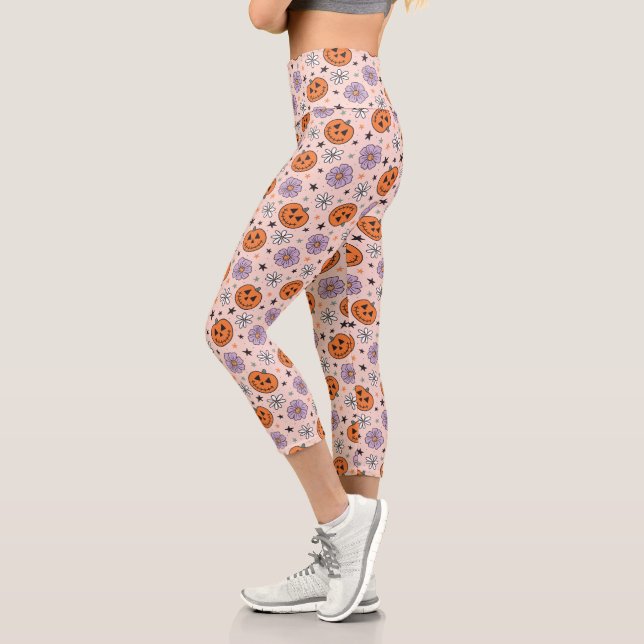 Fun Halloween Pumpkins and Flowers Pattern Capri Leggings (Left)