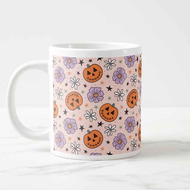 Fun Halloween Pumpkins and Flowers Pattern Large Coffee Mug (Left)