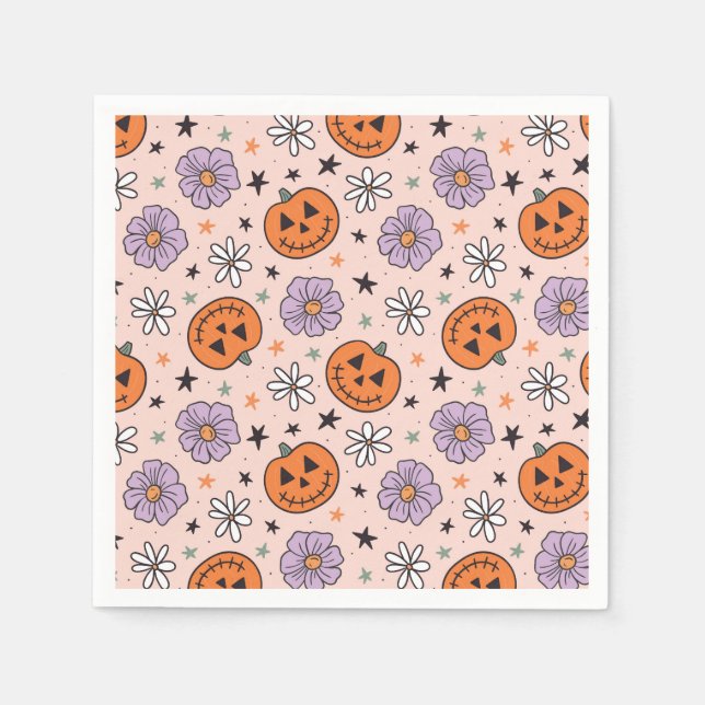 Fun Halloween Pumpkins and Flowers Pattern Napkin (Front)