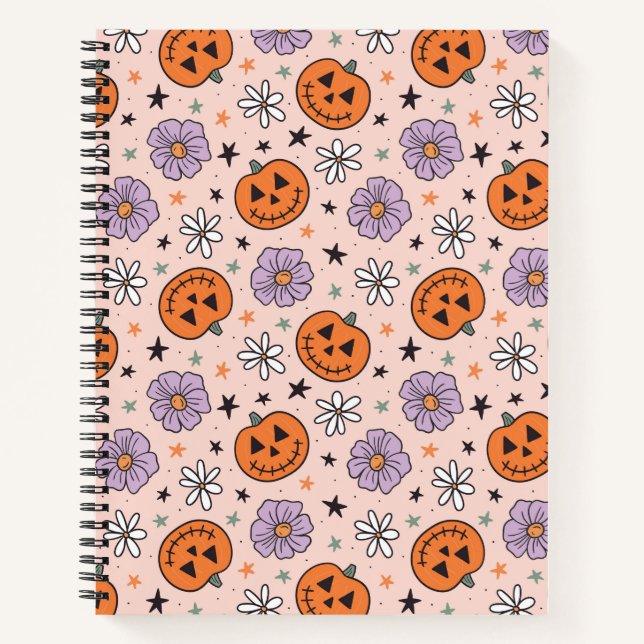 Fun Halloween Pumpkins and Flowers Pattern Notebook (Front)