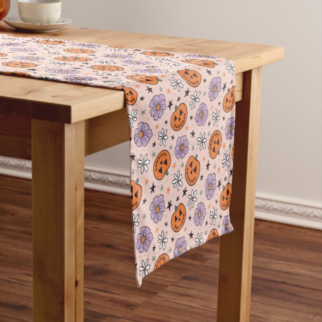 Fun Halloween Pumpkins and Flowers Pattern Short Table Runner (In Situ)