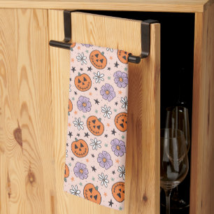 Fun Halloween Pumpkins and Flowers Pattern Tea Towel