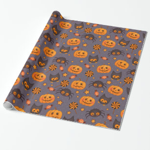 Fun Halloween Pumpkins Pattern Purple Background Wrapping Paper
