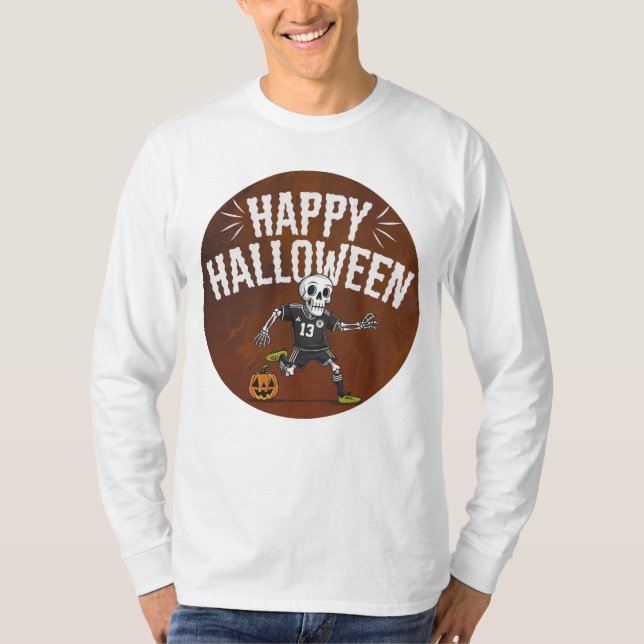 Fun Halloween Skeleton Soccer T-Shirt Design (Front)