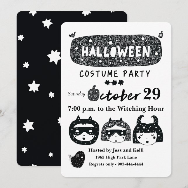 Fun halloween superhero costume party b&w invitation (Front/Back)