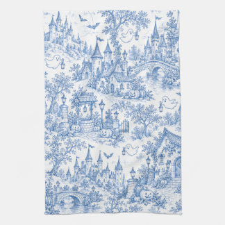 Fun Halloween Toile Pattern Spooky Village Ghosts Tea Towel