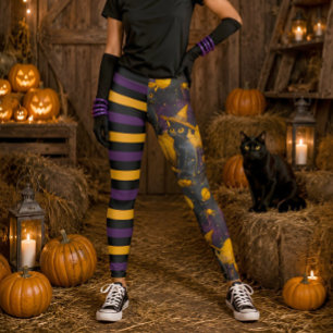 Fun Halloween Witch Cat Purple Striped Pumpkin Leggings