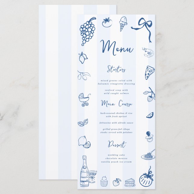 Fun Hand Drawn Blue Stripes Italian Menu (Front/Back)