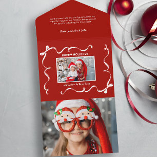 Fun Hand Drawn Christmas Ribbon Photo on Red BG All In One Invitation
