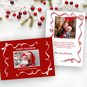 Fun Hand Drawn Christmas Ribbon Photo on Red BG Holiday Card