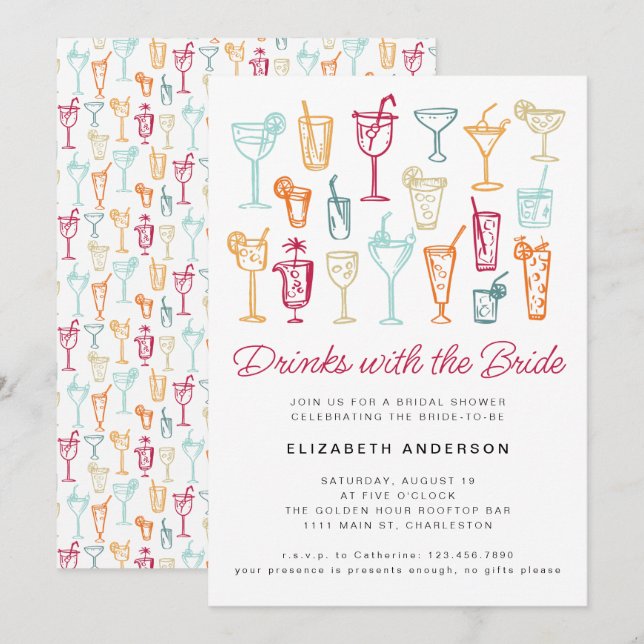 Fun Hand Drawn Cocktail Bridal Shower Party  Invitation (Front/Back)