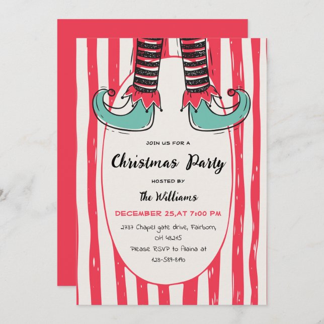 Fun Hand Drawn Elf Sock Christmas Party Invitation (Front/Back)