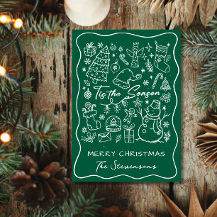 Fun Hand Drawn Green White Folded Photo Christmas  Holiday Card