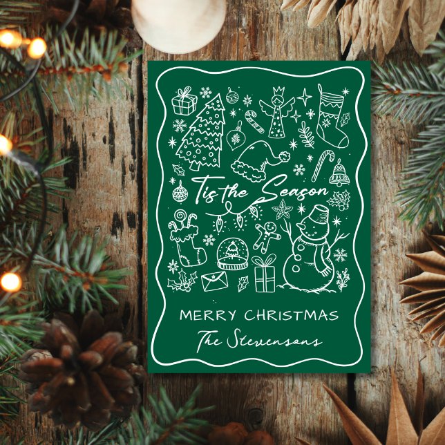 Fun Hand Drawn Green White Folded Photo Christmas  Holiday Card (Creator Uploaded)