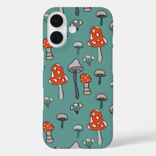 Fun, hand drawn mushrooms on bright blue backgroun iPhone 16 case