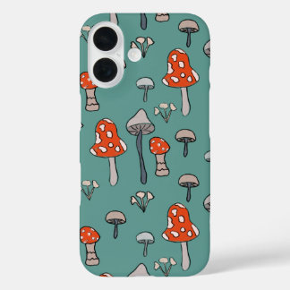 Fun, hand drawn mushrooms on bright blue backgroun iPhone 16 case