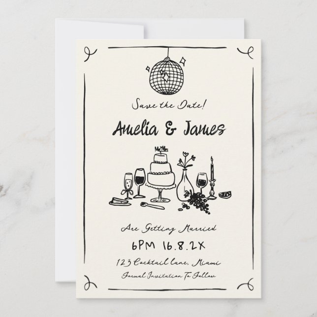 Fun Hand Drawn Save the date Quirky wedding  Invitation (Front)
