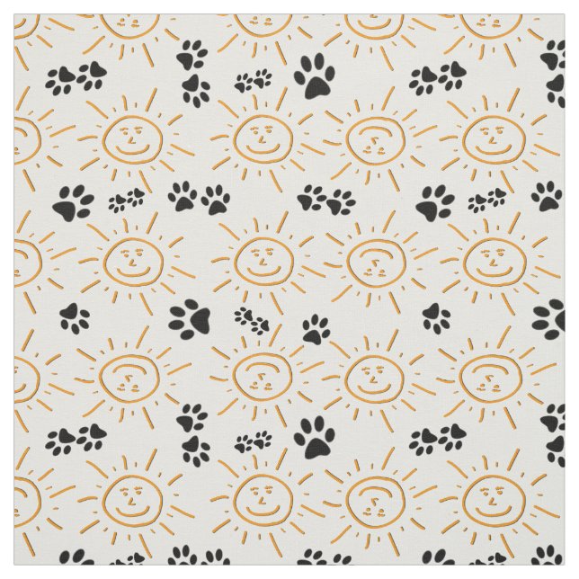 Fun Hand Drawn Sun With Pet Paws Fabric (Swatch)