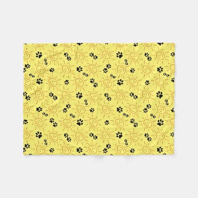 Fun Hand Drawn Sunshine Black Paws Over Yellow Fleece Blanket (Front (Horizontal))