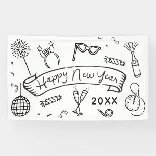 Fun, hand-illustrated Happy New Year motifs Banner