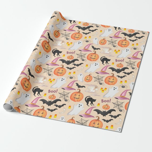 Fun, Hand Painted, Watercolor Halloween Wrapping Paper (Unrolled)