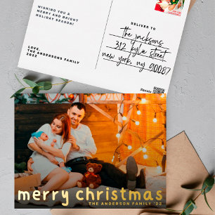 FUN hand written Merry Christmas Gold Photo Foil Holiday Postcard