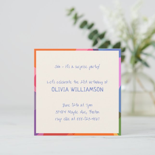 Fun Handwritten Colourful Surprise Party Birthday Invitation (Standing Front)