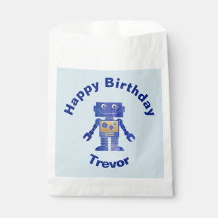 Fun Happy Birthday Blue and Gold Robot with Name Favour Bags