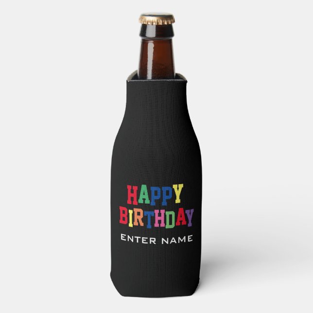 Fun Happy Birthday Colourful Personalised Bottle Cooler (Bottle Front)
