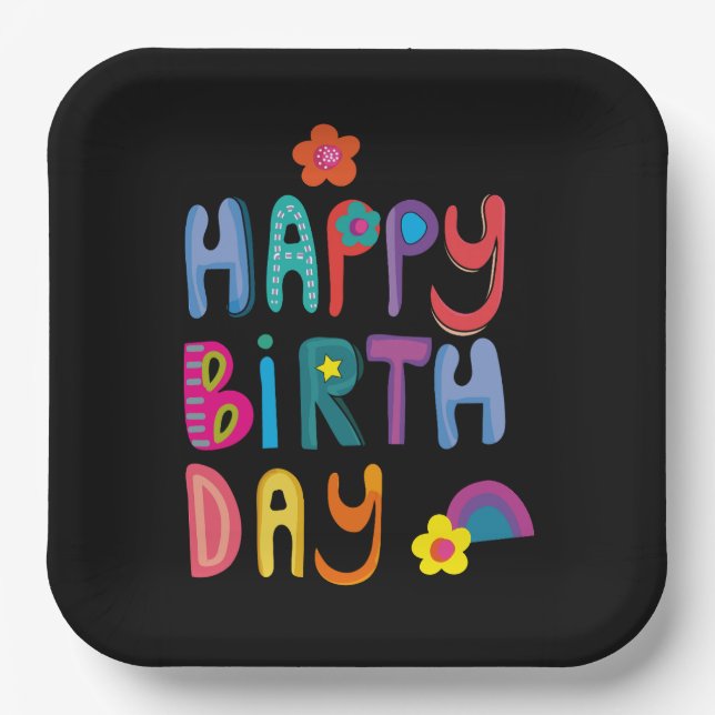 Fun Happy Birthday Colourful Typography  Paper Plate (Front)