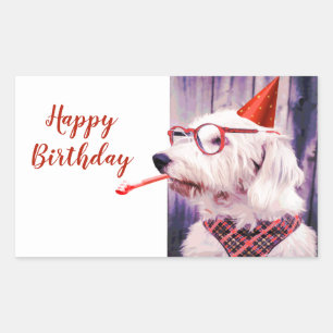 Fun Happy Birthday Cute Dog Celebrating Rectangular Sticker