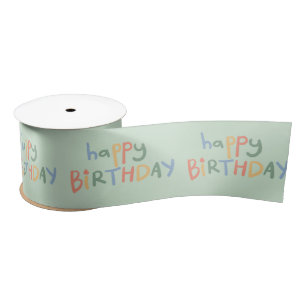 Fun Happy Birthday Green Pastel Kids Party Ribbon Satin Ribbon