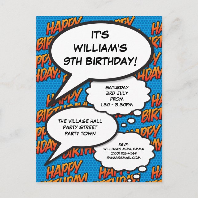 Fun Happy Birthday Party Modern Blue Comic Invitation Postcard (Front)