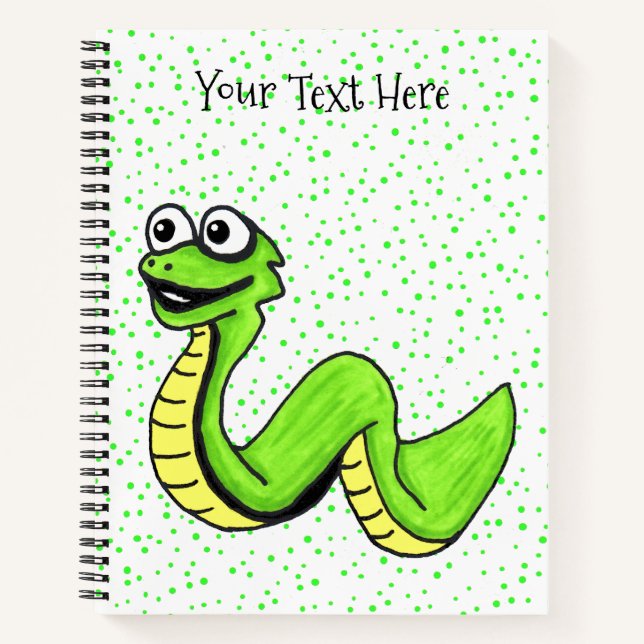 Fun Happy Bright Green Yellow Snake on Polka Dots Notebook (Front)