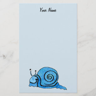 Fun Happy Cartoon Blue Snail on Light Blue Stationery