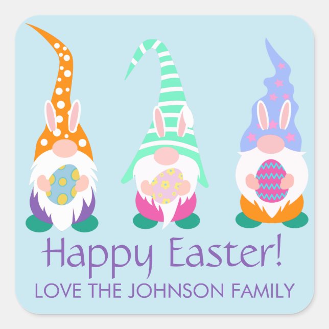 Fun Happy Easter Gnomes Spring Colours Personalise Square Sticker (Front)