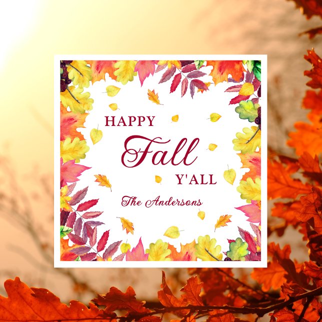 Fun Happy Fall Y'all Autumn Leaves Paper Napkin (Creator Uploaded)