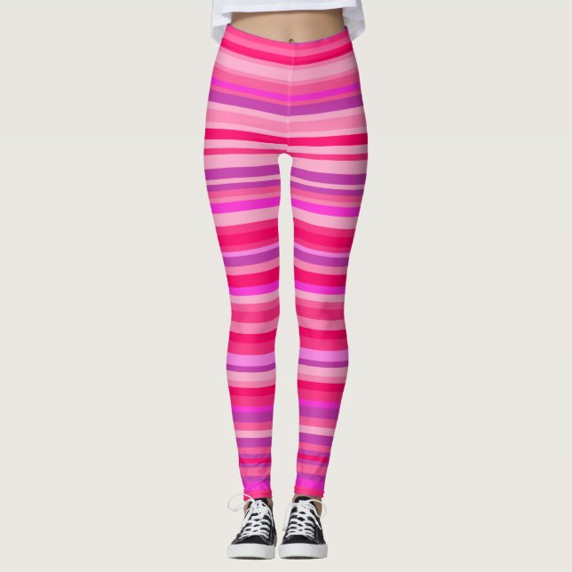Fun, Happy, Girly Pink and Purple Stripes Pattern Leggings (Front)