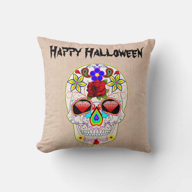 Fun Happy Halloween Floral Sugar Skull Cushion (Front)