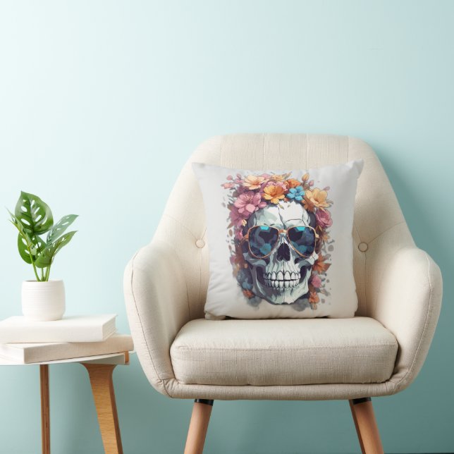 Fun Happy Halloween Floral Sugar Skull Trick Treat Cushion (Chair)