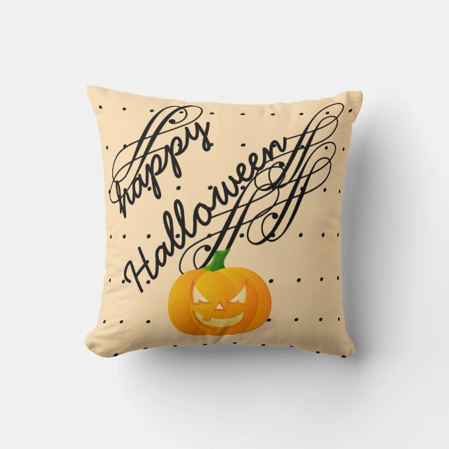Fun Happy Halloween Pumpkin Swirl Polka Dots Cushion (Front)