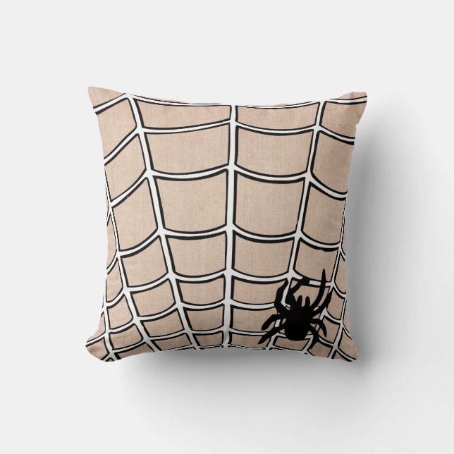 Fun Happy Halloween Spider with Web Burlap Cushion (Front)