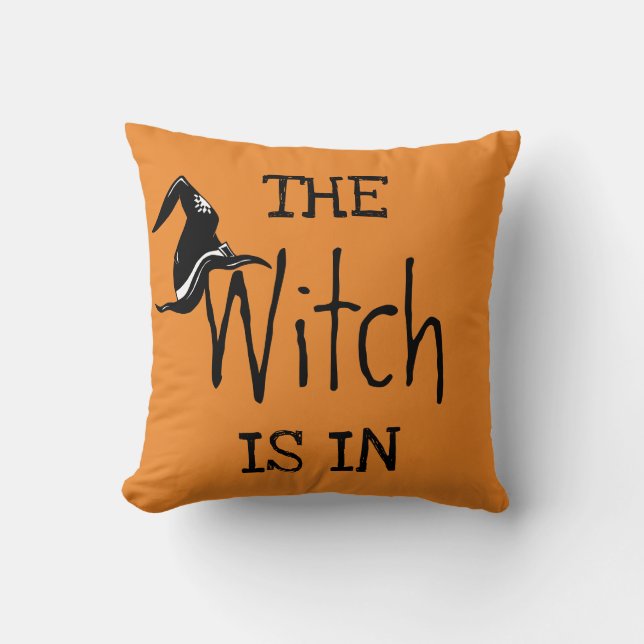 Fun Happy Halloween "The Witch Is In" Throw Pillow (Front)