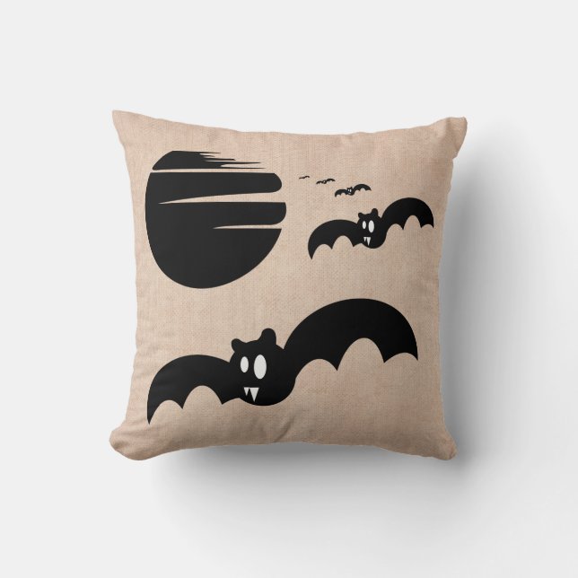 Fun Happy Halloween Trick or Treat Bats Burlap Cushion (Front)
