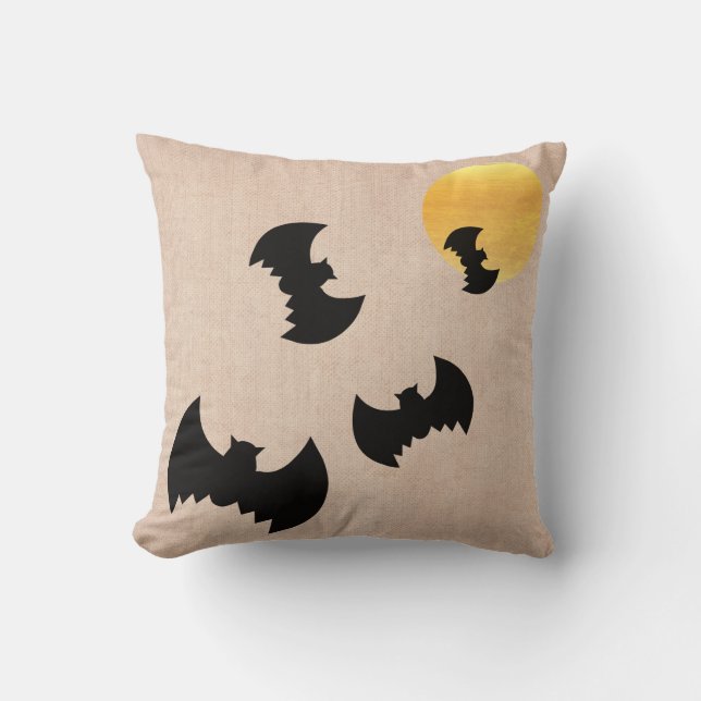 Fun Happy Halloween Trick or Treat Bats with Moon Cushion (Front)