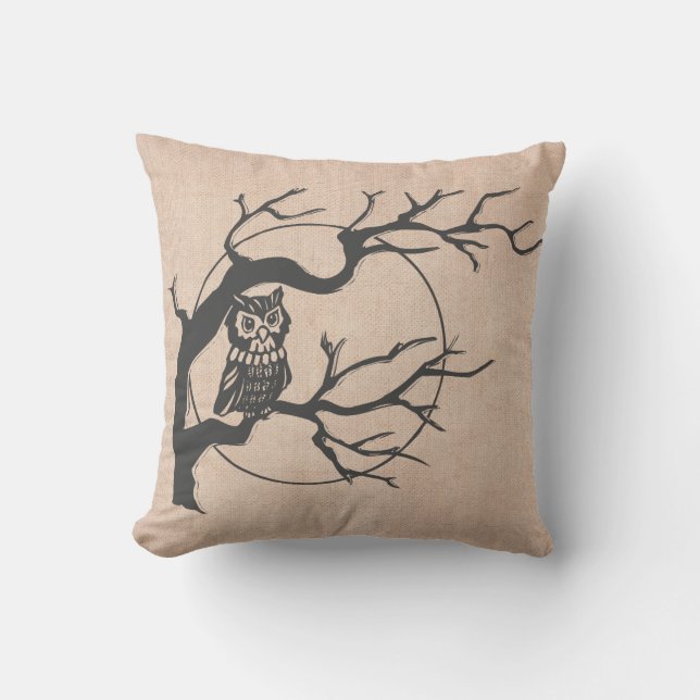 Fun Happy Halloween Trick or Treat Owls Burlap Cushion (Front)