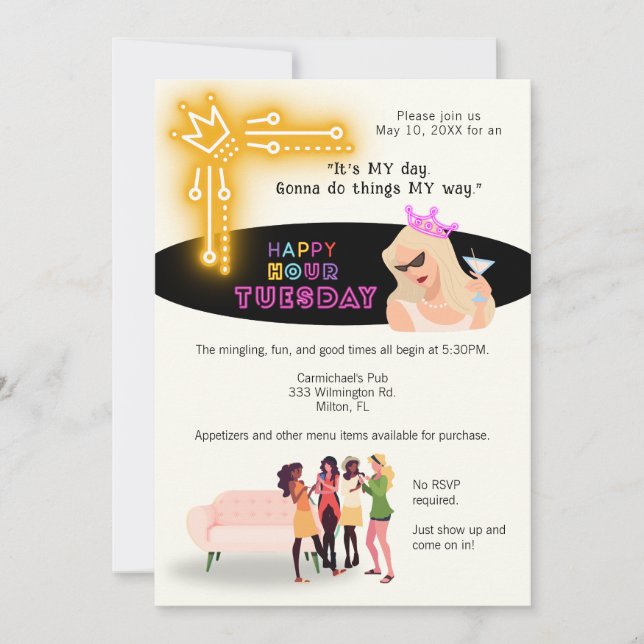 Fun Happy Hour Tuesday Invite for Women  (Front)