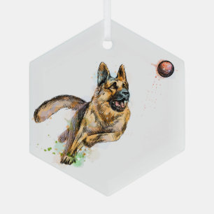 Fun Happy Playing Ball German Shepherd Dog Art Glass Tree Decoration