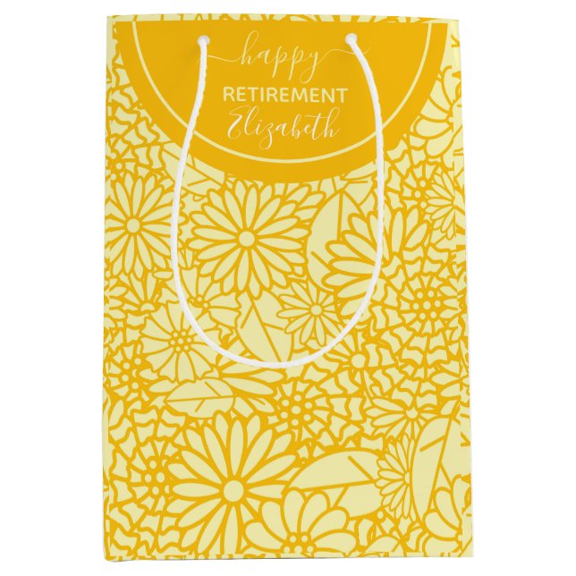 Fun Happy Retirement yellow daisy custom name Medium Gift Bag (Front)